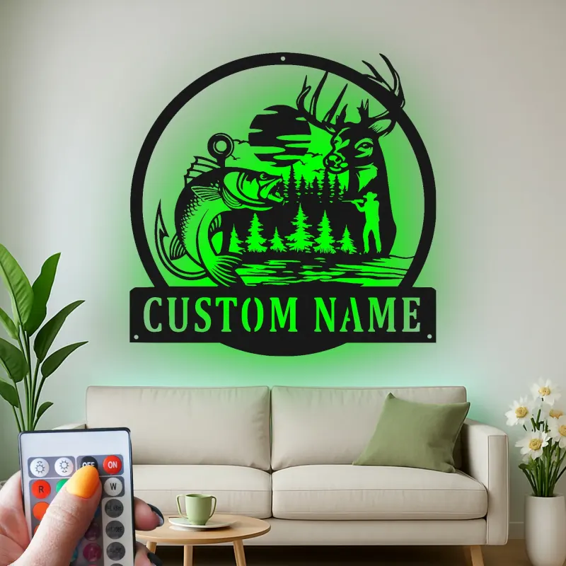 Décoration murale en métal personnalisée avec éclairage LED - Scène de pêche et de chasse