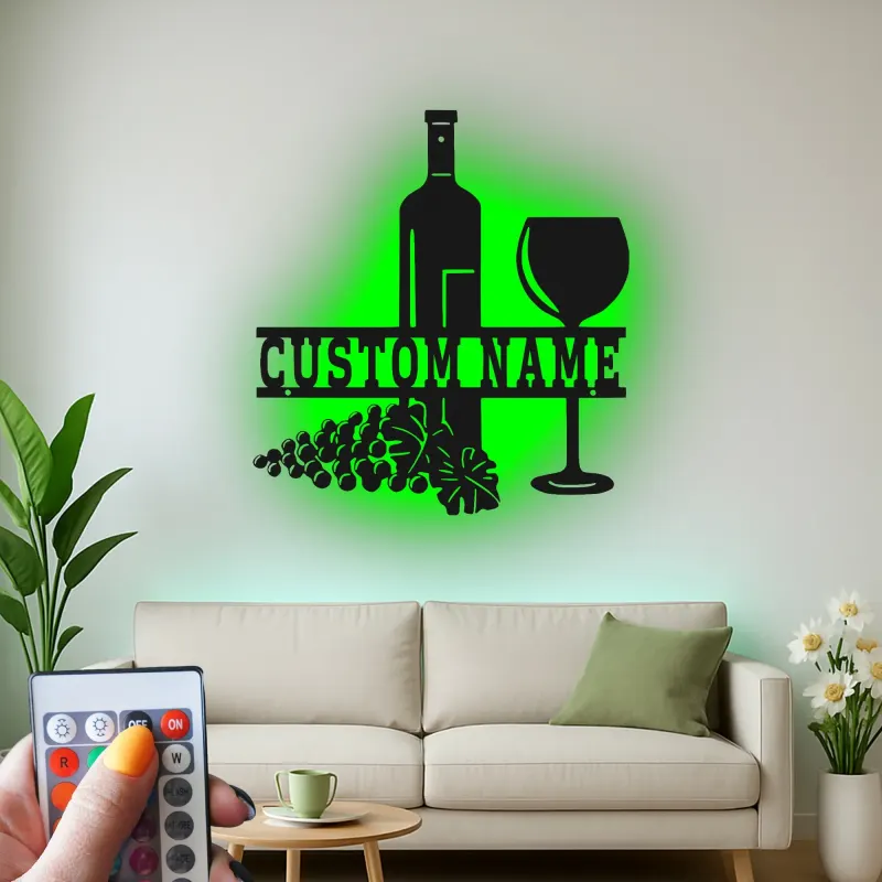 Décoration murale en métal personnalisée pour bouteille et verre de vin avec rétroéclairage LED - Cadeau personnalisé pour les amateurs de vin - Décor de cuisine ou de bar