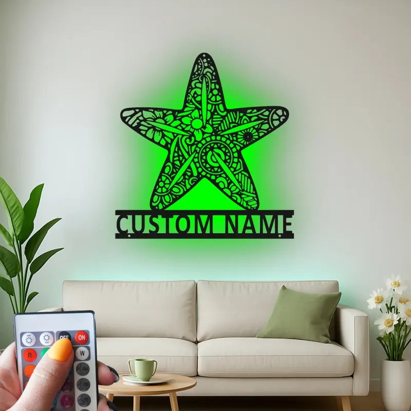 Insegna in metallo LED a forma di stella marina personalizzata | Arte murale oceanica personalizzata | Decorazione costiera per casa al mare e saloni | Targa ornata con nome