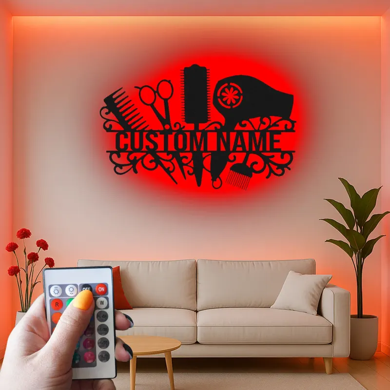 Personalized Salon Sign | Custom Hair Stylist LED Decor | Metal Wall Art for Hairdresser | Light Up Beauty Shop Nameplate