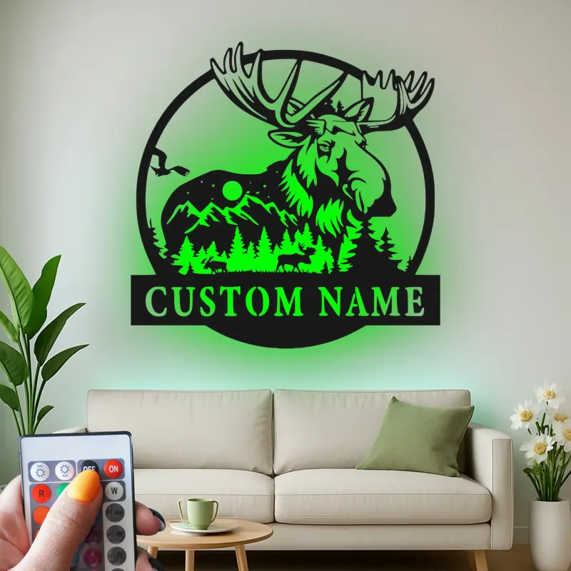 Custom Moose Metal Sign with LED | Personalized Wildlife Wall Art for Cabin Decor | Rustic Lodge & Hunter Gift