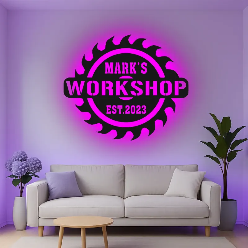 Personalisierte Werkstatt Sägeblatt LED-beleuchtete Metall-Wandkunst Geschenk für Ihn Garage oder Werkstatt-Dekoration