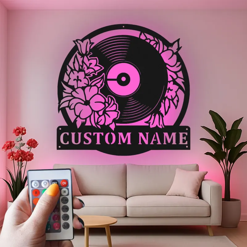 Insegna in metallo LED a forma di disco in vinile personalizzata, regalo per amanti della musica, decorazione per studio 2