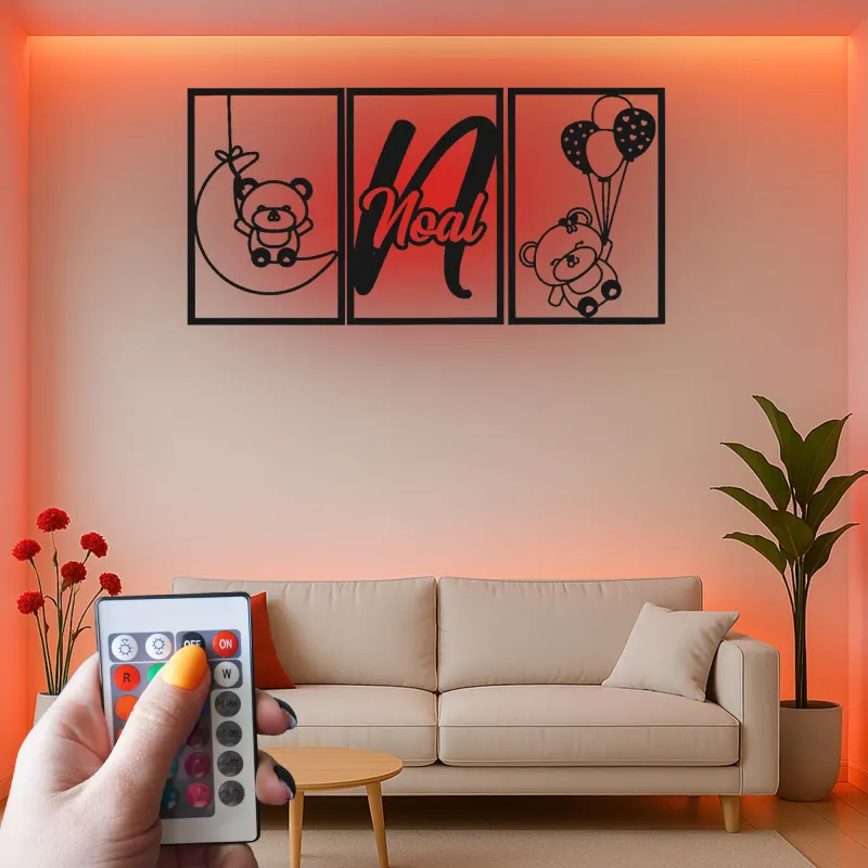 Cartel de nombre de oso de peluche personalizado | Arte mural de metal LED para guardería | Decoración de habitación de bebé personalizada | Regalo de recuerdo para recién nacidos