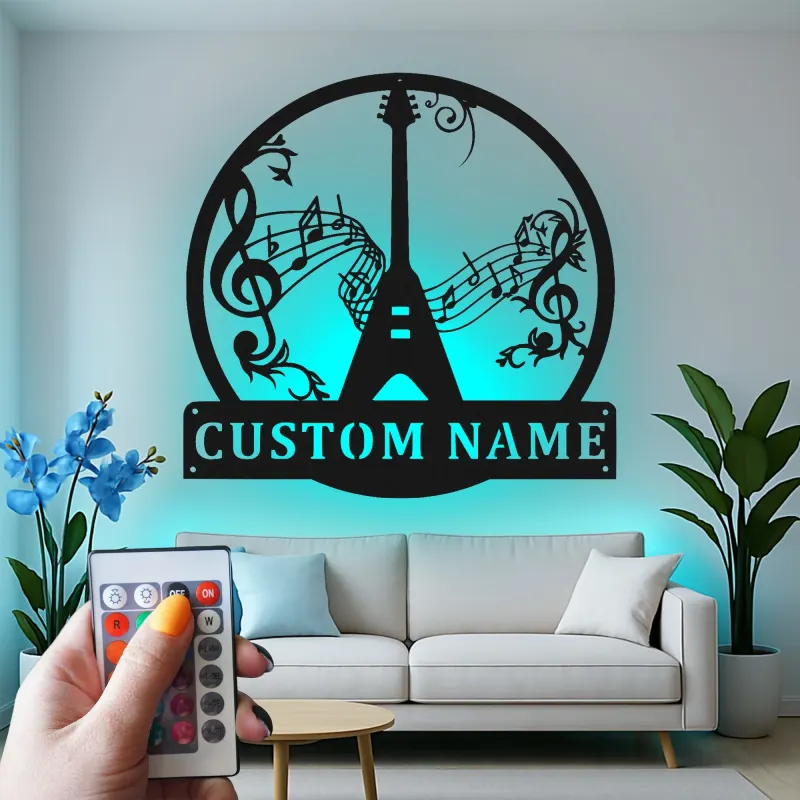Insegna LED in metallo con chitarra personalizzata | Insegna personalizzata con nome per musicisti | Arredo per home studio | Regalo per chitarristi