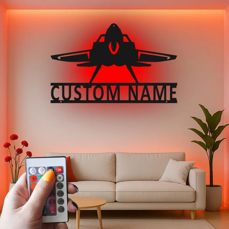 Personalized Fighter Jet Metal Sign | LED Backlit Wall Art | Custom Pilot Name Decor for Man Cave | Aviation Gift