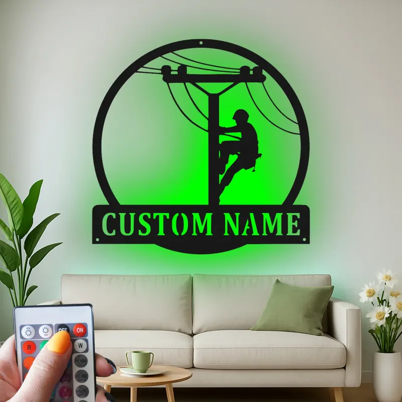 Panneau LED en métal pour lineman | Cadeau personnalisé pour électricien | Décoration murale avec nom sur mesure pour man cave | Déco pour professionnel des services publics