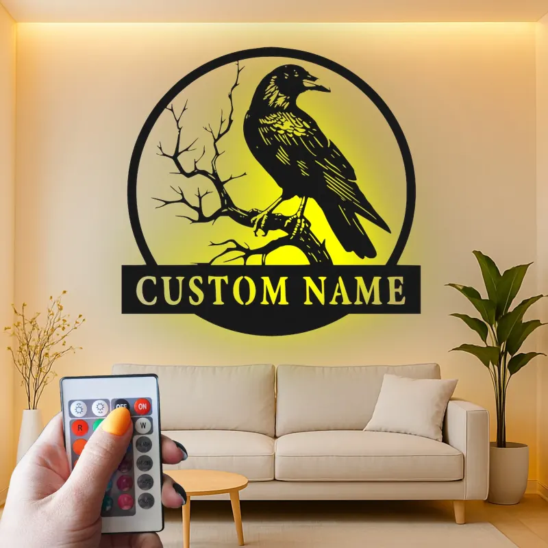 Insegna in metallo LED personalizzata con corvo - Regalo unico per amanti degli uccelli e decorazione per ufficio o soggiorno