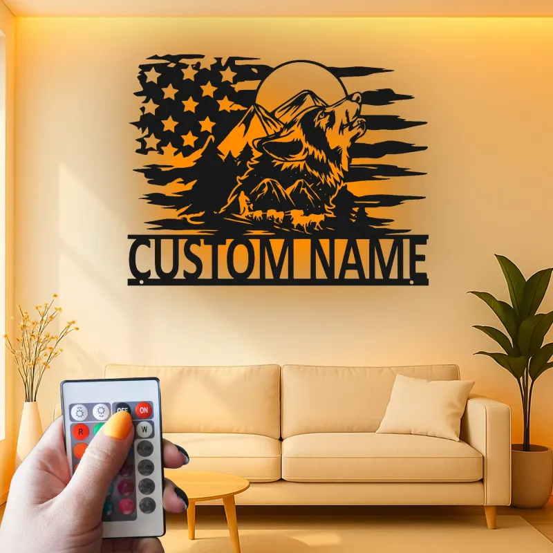 Custom Wolf Howling with Mountains Led Light Metal Wall Art Personalized Gift for Nature Lovers Rustic Cabin Decor