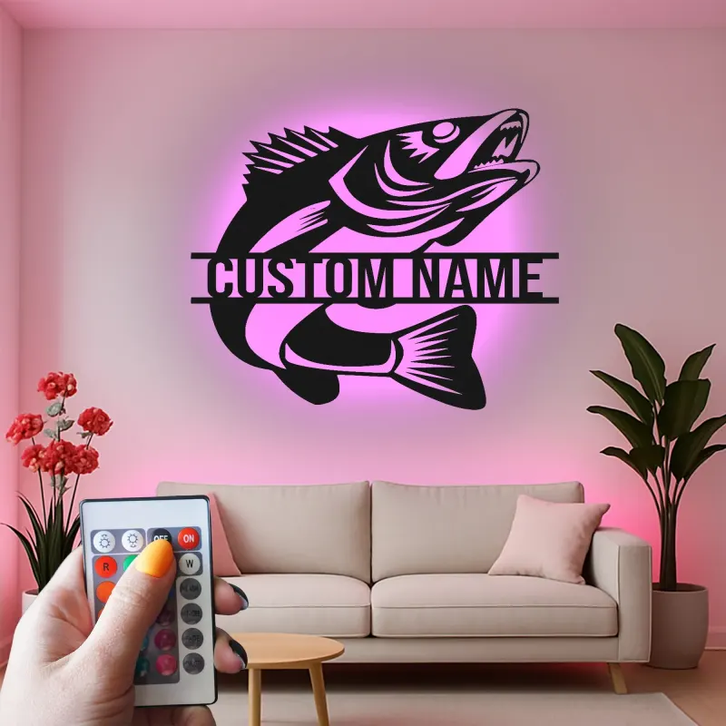 Insegna in metallo personalizzata con pesce e LED | Regalo personalizzato per pescatore | Arredo murale per casa al lago e baita