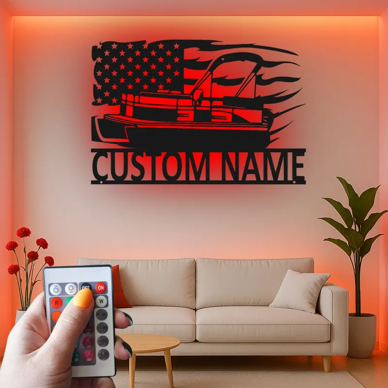 Plaque en métal personnalisée pour bateau ponton | Décoration murale avec drapeau américain LED | Décor de maison au bord du lac personnalisé | Cadeau nautique
