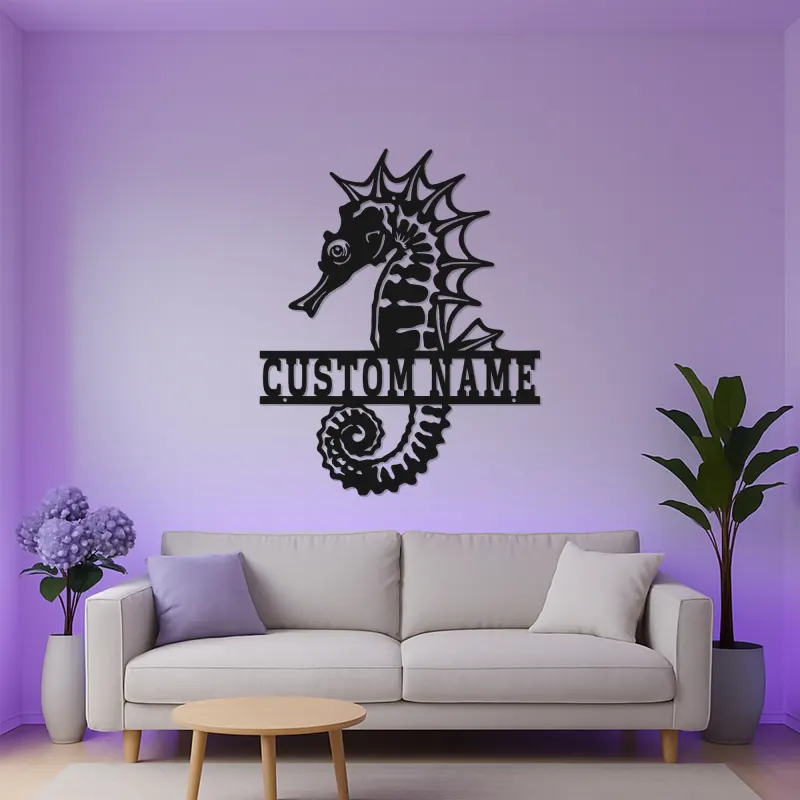Insegna in metallo personalizzata con cavalluccio marino e LED | Arte murale nautica personalizzata | Decorazione per casa al mare e targhetta per soggiorno costiero