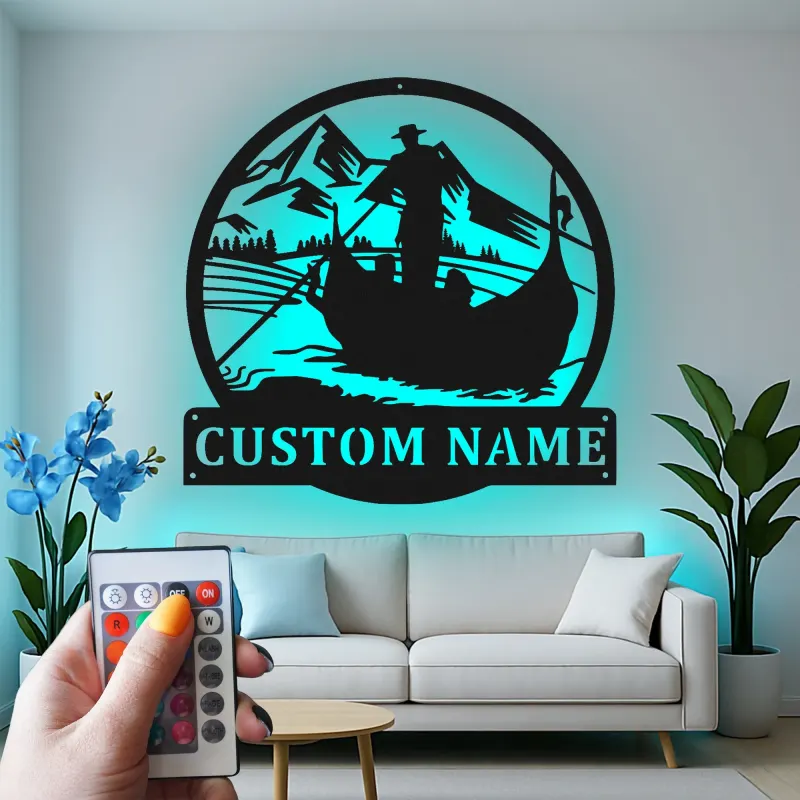 Insegna in metallo personalizzata per pesca con LED | Arte da parete con nome su misura per casa al lago e baita | Regalo originale per pescatore