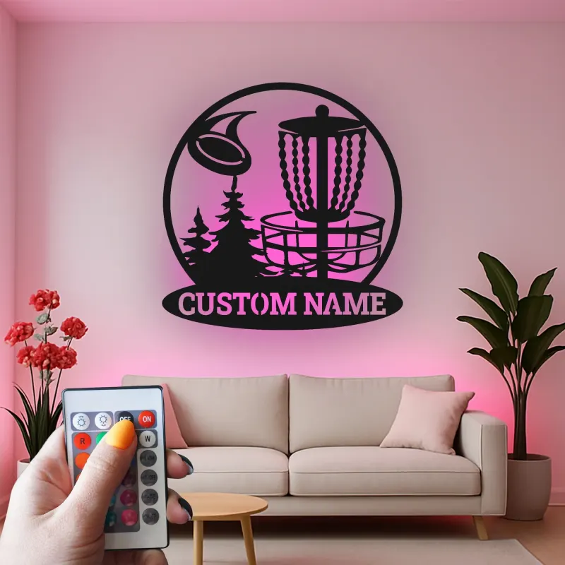 Décoration murale en métal LED personnalisée pour panier de disc golf - Cadeau pour les golfeurs