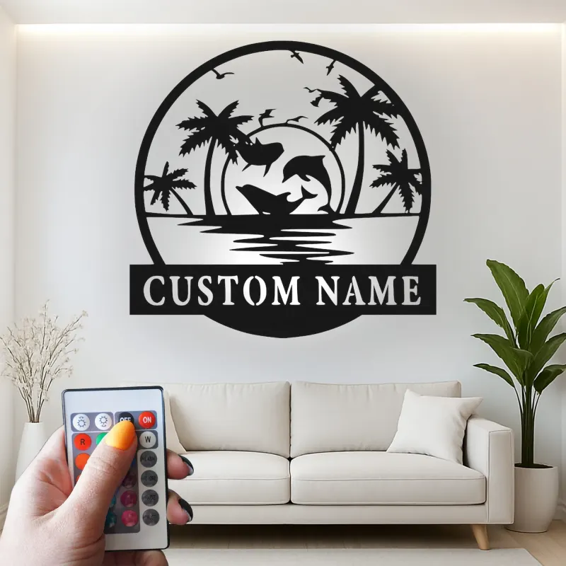 Décoration murale en métal personnalisée avec scène océanique et rétroéclairage LED - Cadeau pour amoureux de la plage, décor tropical pour le salon