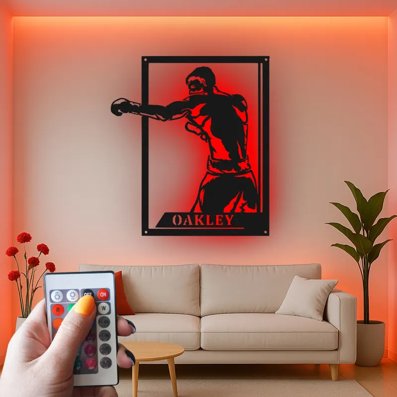 Insegna in metallo personalizzata con Boxer e luce LED regalo per appassionati di boxe decorazione per palestra o man cave 1