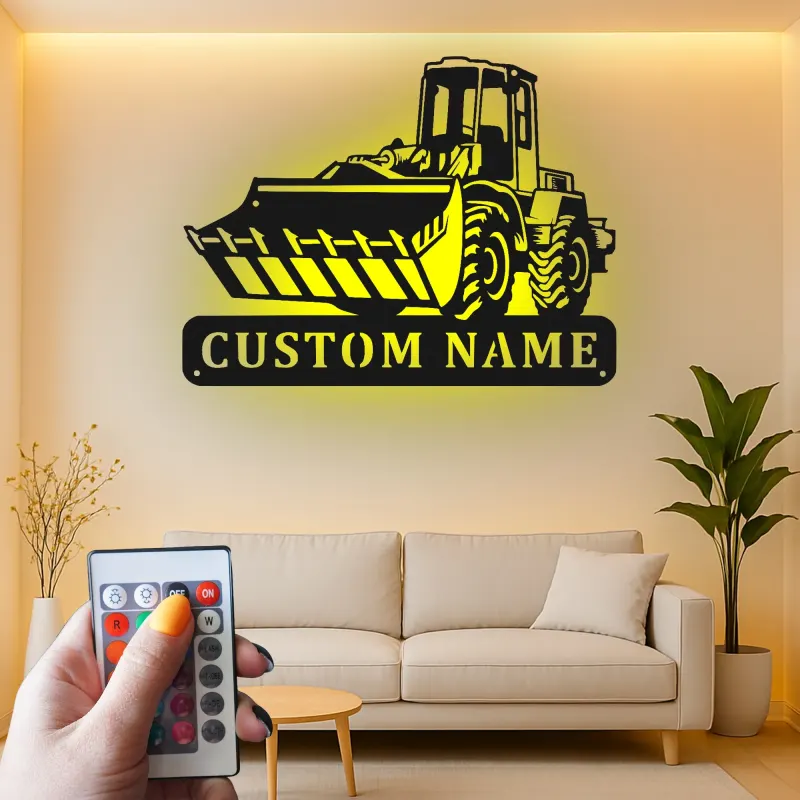 Insegna in metallo personalizzata con LED Bulldozer Regalo per appassionati di costruzione Decorazione per garage o ufficio