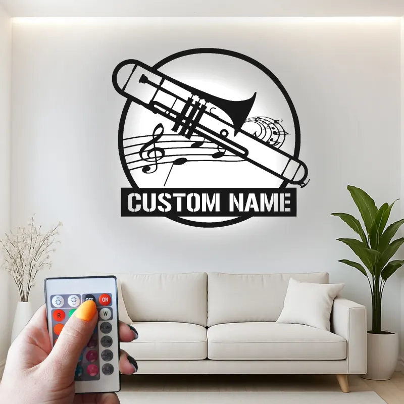 Décoration murale en métal personnalisée avec rétroéclairage LED Trombone - Cadeau pour Musicien - Décor de Salle de Musique pour Amateurs de Trombone