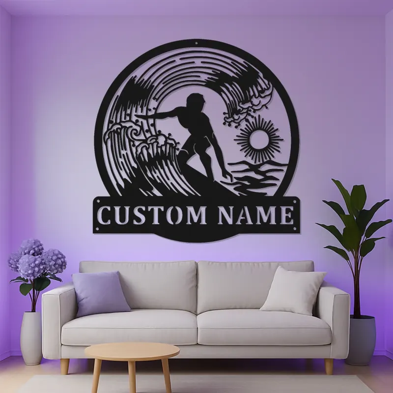 Personalized Surfer Light Metal Wall Art | Custom Name Sign for Beach House Decor | Coastal Surfing Gift