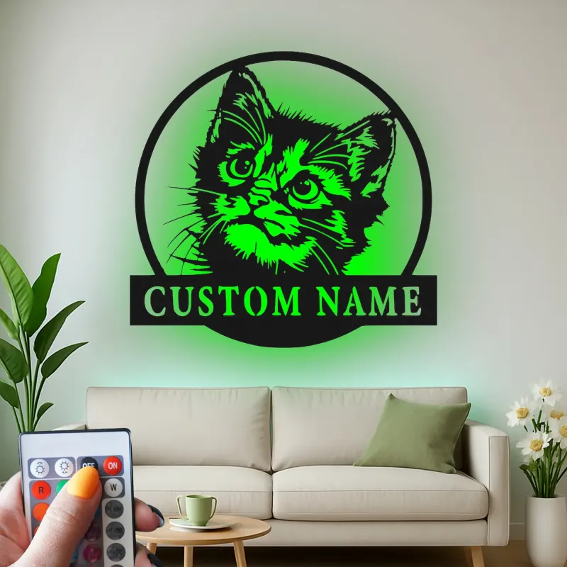 Insegna in metallo personalizzata con luce LED per gatti - Regalo per amanti dei gatti, decorazione per camera da letto o soggiorno