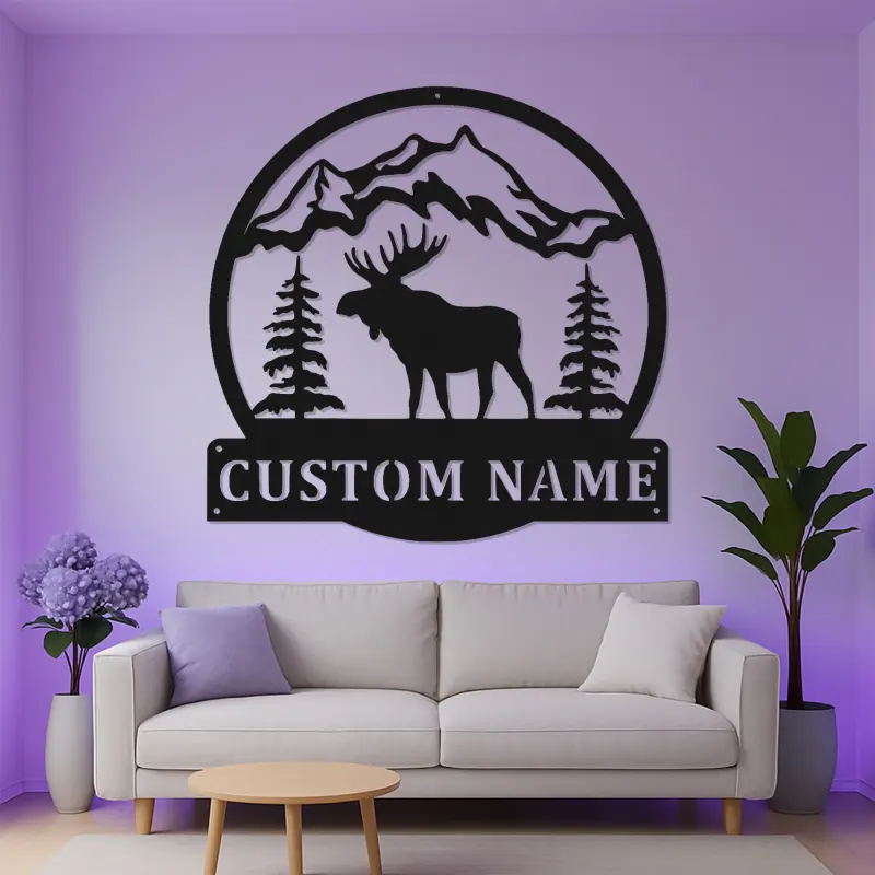 Insegna in metallo Bull Moose personalizzata | Arte murale illuminata con LED della fauna selvatica | Decorazione rustica per cabin | Regalo personalizzato per lodge