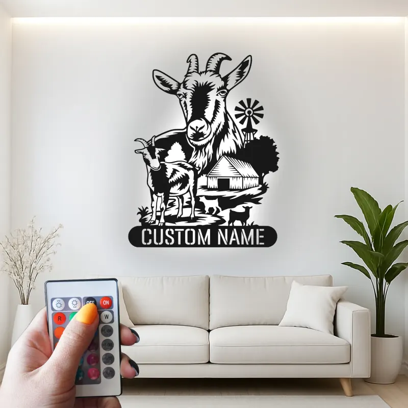 Insegna LED personalizzata per fattoria di capre | Arte murale in metallo personalizzata per agricoltori | Arredo rustico per casa di campagna e ranch