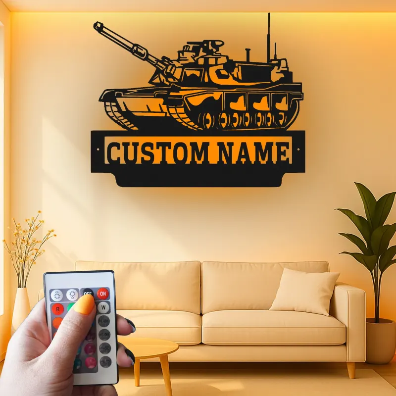 Arte in Metallo Tank Militare | Insegna LED Personalizzata con Nome per Soldato | Decorazione per Man Cave e Garage