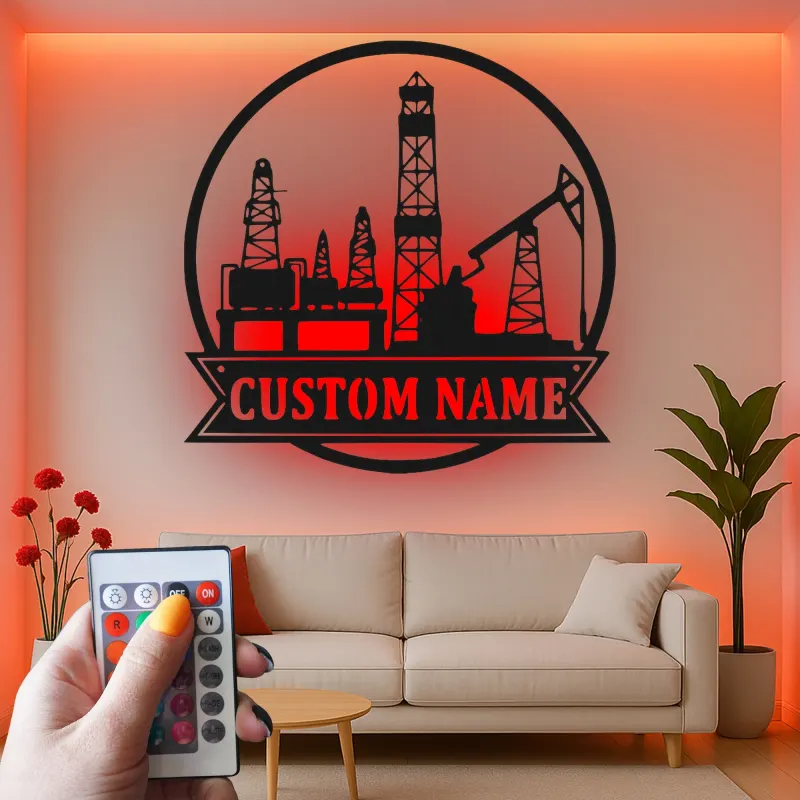 Cartel LED personalizado de torre petrolífera | Arte mural de metal personalizado | Decoración industrial para trabajador del petróleo y regalo para roughneck