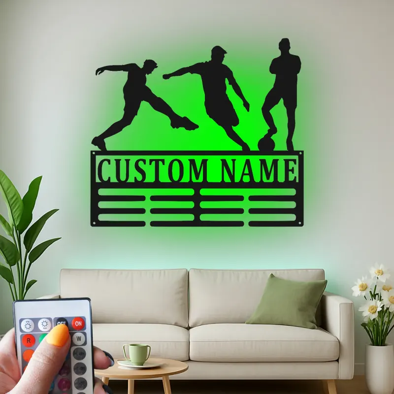 Insegna in Metallo Personalizzata per Calciatore | Arte Murale LED con Nome Personalizzato | Decorazione per Stanza di Gioco per Atleti | Regalo per Ragazzo Adolescente