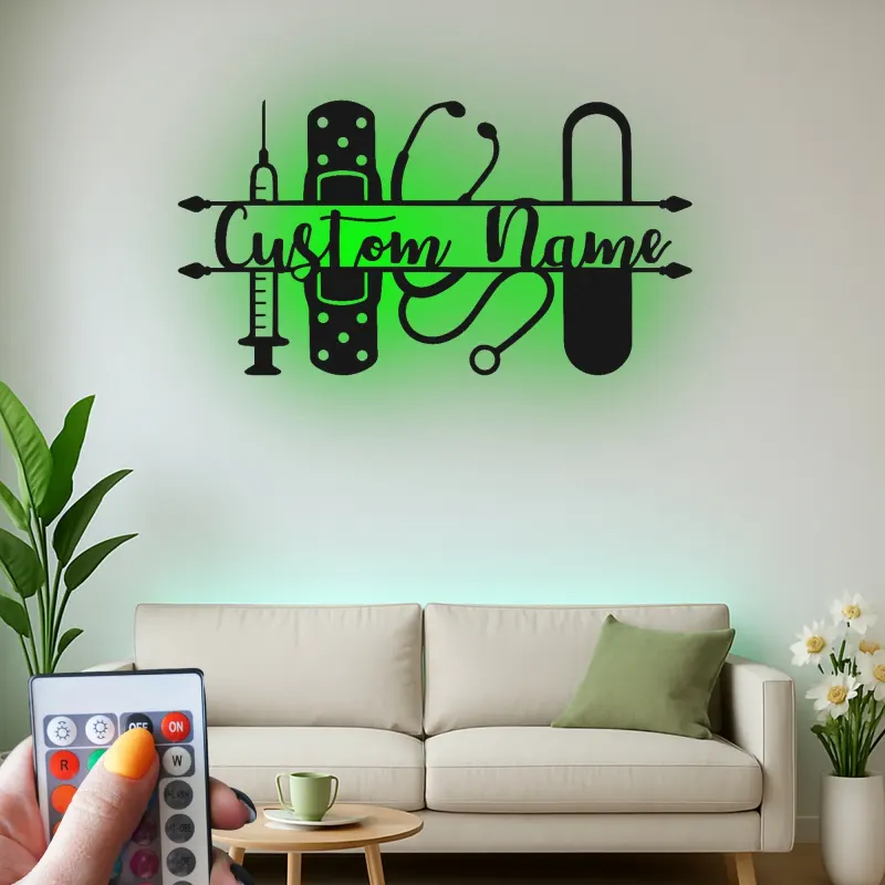 Personalized Nurse Name Sign with LED | Custom Medical Tools Metal Art | Clinic & Office Wall Decor | RN Graduation Gift