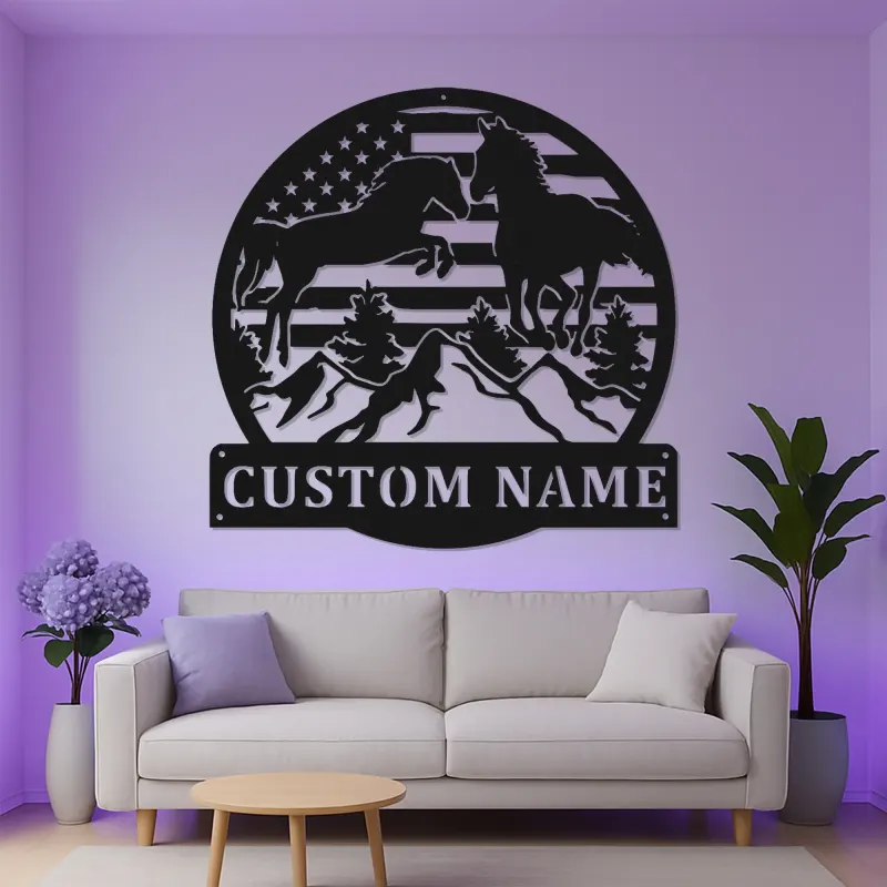 Panneau personnalisé avec cheval LED | Art en métal personnalisé pour ferme et ranch | Cadeau pour amoureux des chevaux | Décor mural avec drapeau américain