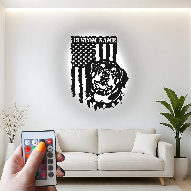 Rottweiler Metal Wall Art | Personalized LED Name Sign | Patriotic American Flag Decor | Custom Dog Lover Gift