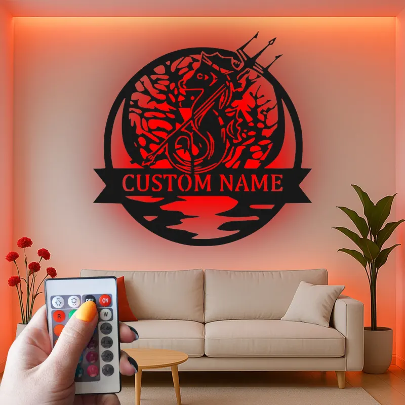 Panneau LED Personnalisé Hippocampe avec Trident | Art Murale en Métal pour Maison de Plage | Décor Nautique Personnalisé