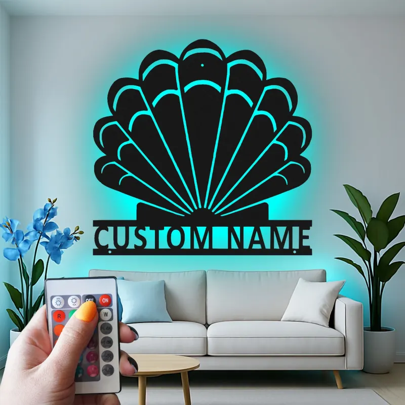 Panneau LED en forme de coquillage personnalisé | Décoration murale en métal sur mesure | Décor nautique pour maison de plage | Cadeau pour maison côtière