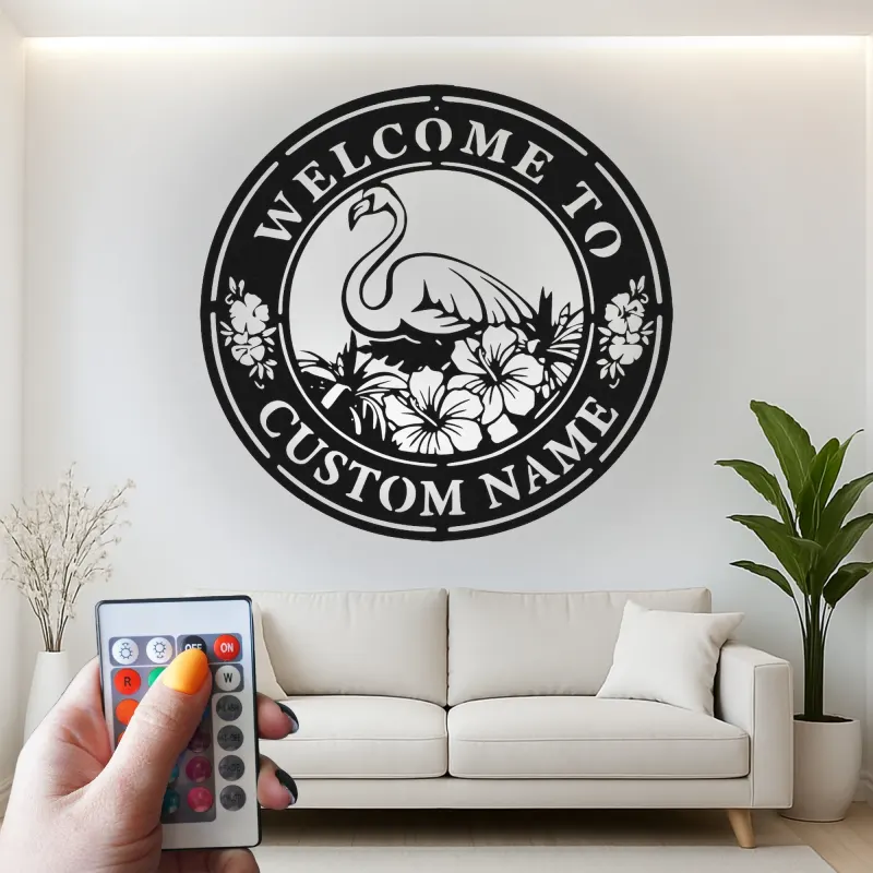 Individuelles Flamingo LED Schild | Personalisierte Metall Wandkunst | Tropische Hibiskus Willkommensdekoration für Terrasse & Außenbereich | Einweihungsgeschenk Idee