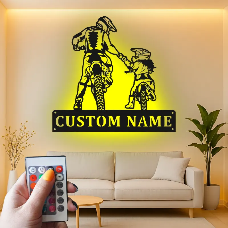 Personalisierte Motocross Vater und Kind LED Metall-Wandkunst – Geschenk für Papa, Garage oder Man Cave Dekor