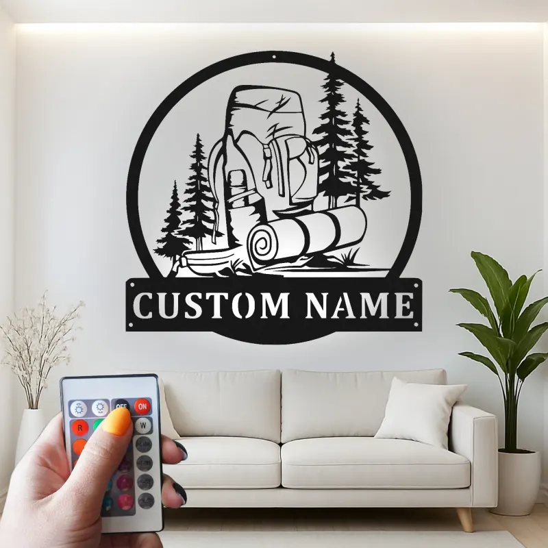Cartel LED de camping personalizado | Arte mural de senderismo personalizado | Decoración de cabaña y regalo de aventura al aire libre