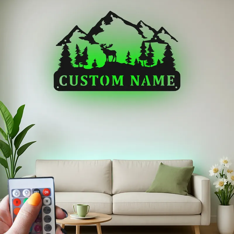 Cartel de metal con alce personalizado con LED | Decoración mural de montaña personalizada | Decoración rústica para cabaña y regalo para amantes del aire libre