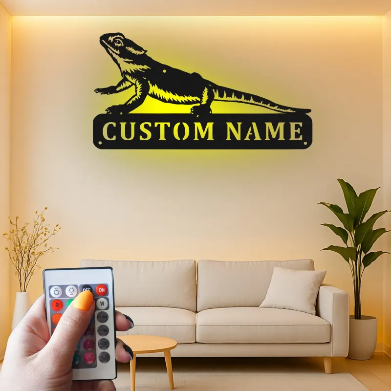 Personalisierte Metalltafel für Bartagame | LED-beleuchtete Reptil-Wandkunst | Individuelles Haustier-Schild | Einzigartiges Geschenk für Echsenliebhaber