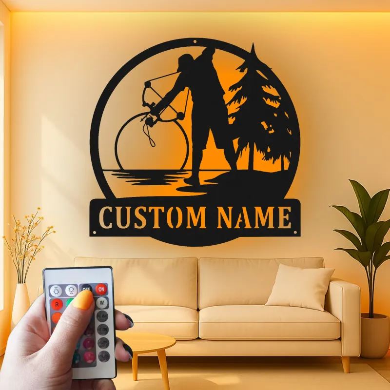 Custom Bow Hunter Led Light Metal Wall Art Personalized Gift for Archery Enthusiasts Rustic Cabin Decor