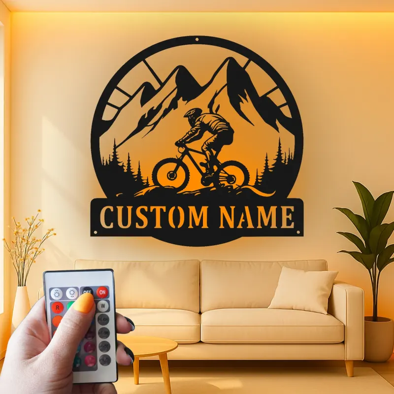 Custom Mountain Biker Sign | LED Metal Wall Art | Personalized Cyclist Gift for Outdoor Lover | Trail Rider Decor