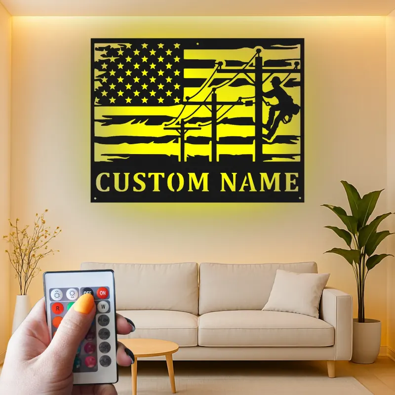 Lineman American Flag Metal Sign | Custom LED Wall Art | Personalized Gift for Electrician | Patriotic Home Decor