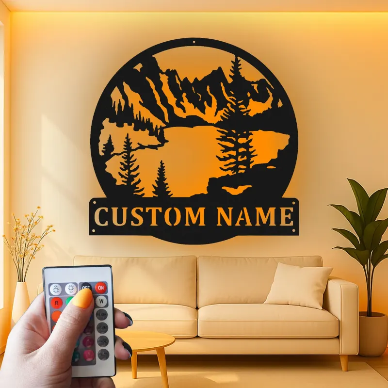 Custom Mountain Metal Art with LED | Personalized Lake House Sign | Rustic Cabin Decor with Backlight