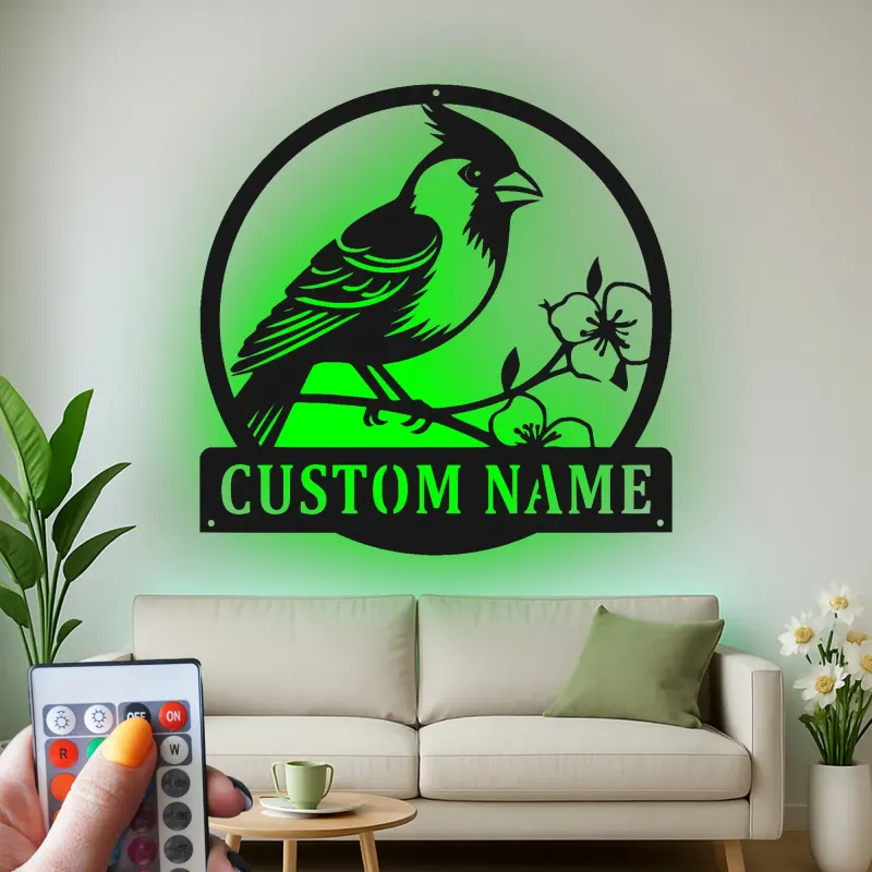 Décoration murale en métal personnalisée avec lumière LED en forme de cardinal - Cadeau pour amoureux de la nature - Décor de salon ou de jardin