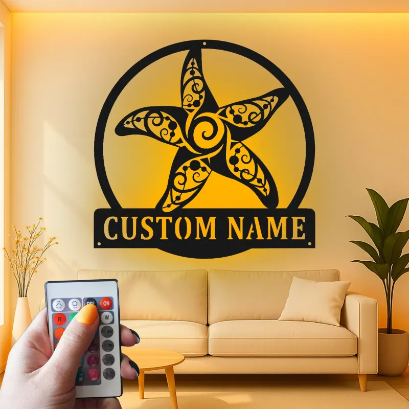 Personalized Starfish LED Metal Sign | Ornate Coastal Wall Art | Custom Nautical Decor for Beach House & Salon
