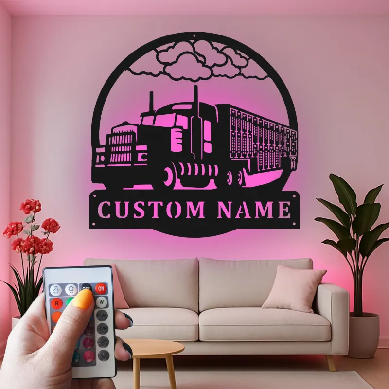 Arte murale in metallo personalizzata per camion semi | Insegna LED per big rig personalizzata | Targa per camionista per garage, ufficio e man cave | Regalo per camionista
