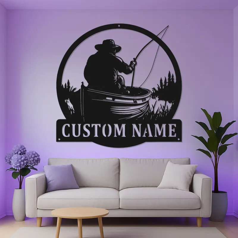 Insegna in metallo personalizzata per pescatore | Arte murale luminosa LED | Arredo pesca con nome su misura per casa al lago e pescatori