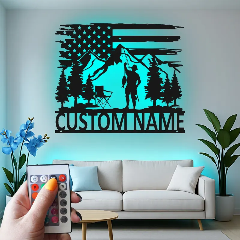 Insegna LED in metallo per pesca personalizzata | Arte da parete patriottica per pescatore | Decorazione su misura per baita e casa al lago | Regalo per pescatore