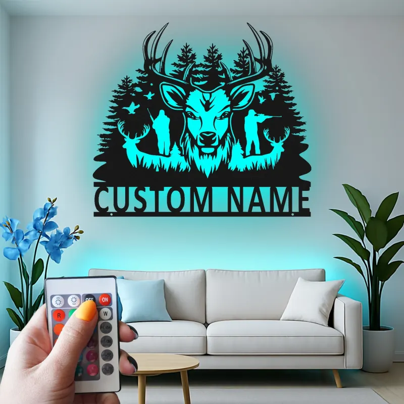Cartel de metal LED de cazador de ciervos, regalo personalizado para cazadores, decoración rústica de cabaña