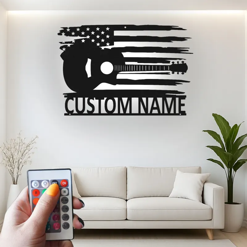 Insegna in metallo Chitarra e bandiera americana | Arte murale LED personalizzata per musicisti | Decorazione patriottica per casa e studio